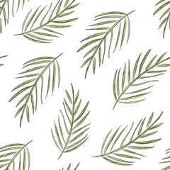 Seamless pattern with summer tropical green palm leaves on a white background. Hand drawn illustration. Graphic design for print fabric, textile. Floral exotic hawaiian wallpaper. Rainforest.