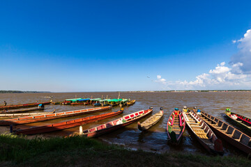 Colorful Small Wooden Ferry Boats At The Suriname French Guiana Border In Albina