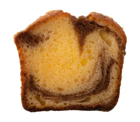 Overhead view of a slice of a freshly baked cinnamon marble pound cake