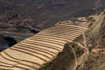 Pisac Archaeological Park, Calca, Cuzco, Peru on October 9, 2014. Ruins and tourist visits. - obrazy, fototapety, plakaty