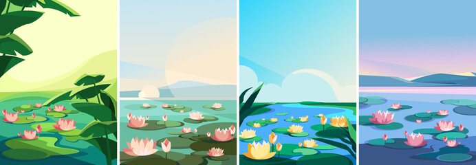 Collection of landscapes with blooming lotuses. Beautiful natural sceneries.