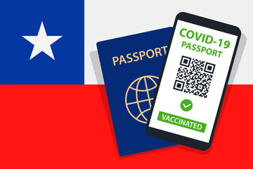 Covid-19 Passport on Chile Flag Background. Vaccinated. QR Code. Smartphone. Immune Health Cerificate. Vaccination Document. Vector