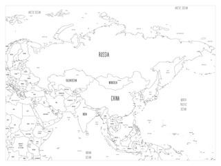 Fototapeta na wymiar Political map of Asia. Black outline hand-drawn cartoon style illustrated map with bathymetry. Handwritten labels of country, capital city, sea and ocean names. Simple flat vector map.