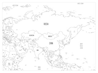 Political map of Asia. Black outline hand-drawn cartoon style illustrated map with bathymetry. Handwritten labels of country, capital city, sea and ocean names. Simple flat vector map.