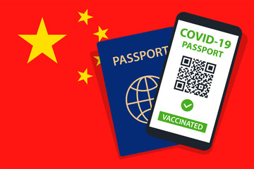 Covid-19 Passport on China Flag Background. Vaccinated. QR Code. Smartphone. Immune Health Cerificate. Vaccination Document. Vector