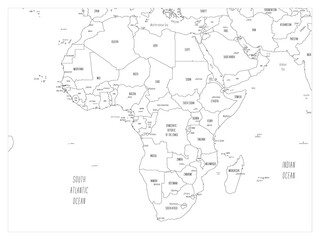 Political map of Africa. Black outline hand-drawn cartoon style illustrated map with bathymetry. Handwritten labels of country, capital city, sea and ocean names. Simple flat vector map.