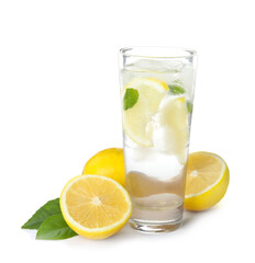 Cool freshly made lemonade and fruits on white background