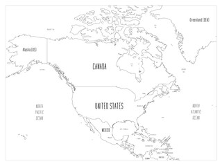 Political map of North America. Black outline hand-drawn cartoon style illustrated map with bathymetry. Handwritten labels of country, capital city, sea and ocean names. Simple flat vector map.
