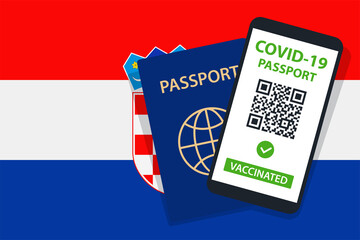 Covid-19 Passport on Croatia Flag Background. Vaccinated. QR Code. Smartphone. Immune Health Cerificate. Vaccination Document. Vector