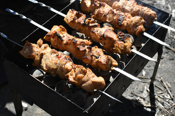cooking barbecue in nature. Roast meat over a fire, top view, barbecue on skewers. Departure for nature, picnic season. Hot meat cooked over hot coals.