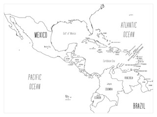 Political map of Central America and Caribbean. Black outline hand-drawn cartoon style illustrated map with bathymetry. Handwritten labels of country, capital city, sea and ocean names. Simple flat