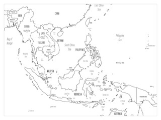 Political map of Southeast Asia. Black outline hand-drawn cartoon style illustrated map with bathymetry. Handwritten labels of country, capital city, sea and ocean names. Simple flat vector map.