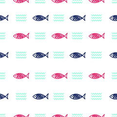 Seamless pattern with fish. Vector illustration. Print. Repeating background. Cloth design, wallpaper. 