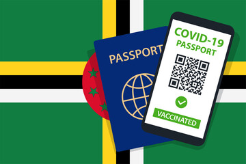 Covid-19 Passport on Dominica Flag Background. Vaccinated. QR Code. Smartphone. Immune Health Cerificate. Vaccination Document. Vector