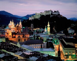 austria, city of salzburg, city view, cathedral, hohensalzburg fortress, twilight, evening, city...