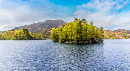 A view from the northern shore of Loch Katrine in the Scottish Highlands on a summers day