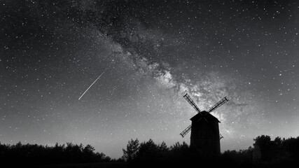 A windmill on a background of a starry sky in black and white © Krystian
