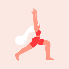 A young Woman standing in the warrior yoga pose. Virabhadrasana. Online courses, education. Vector illustration in flat style. Eps 10.