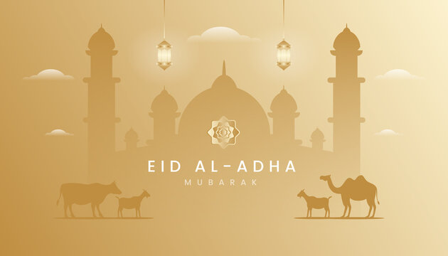 Eid al adha mubarak background, banner, greeting design with gradient gold color theme. Silhouette mosque lamb, goat and camel.