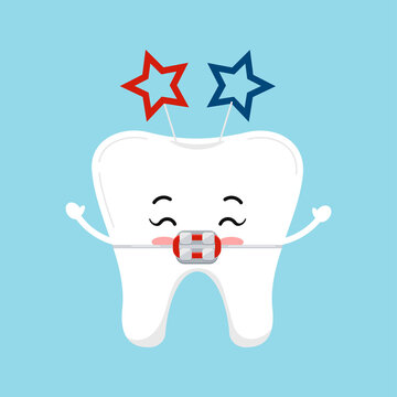 4 th of July tooth dental icon isolated. Dentist cute tooth in braces character in headband with red and blue stars. Flat cartoon vector usa independence clip art illustration.