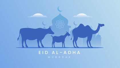 Eid al adha mubarak the celebration of muslim community festival background, banner, greeting design with gradient blue color theme. Silhouette lamb, goat and camel.