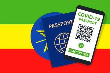 Covid-19 Passport on Ethiopia Flag Background. Vaccinated. QR Code. Smartphone. Immune Health Cerificate. Vaccination Document. Vector
