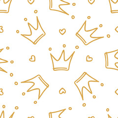 Hand drawn seamless pattern with doodle crowns. Cute baby and little princess design. Children's room wallpaper and clothes texture.