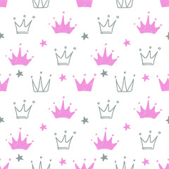 Hand drawn seamless pattern with doodle crowns. Cute baby and little princess design. Children's room wallpaper and clothes texture.