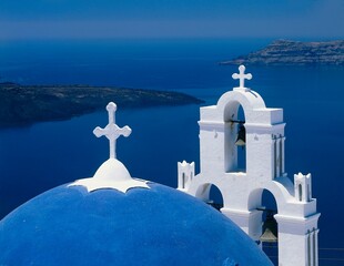 greece, island, santorini, church, detail, bell tower, sea, aegean, dome, white, blue, cyclades,...