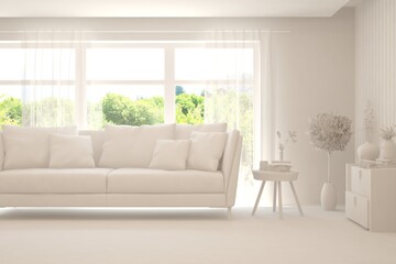 Mock up of stylish room in white color with sofa and green landscape in window. Scandinavian interior design. 3D illustration