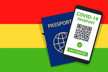 Covid-19 Passport on Ghana Flag Background. Vaccinated. QR Code. Smartphone. Immune Health Cerificate. Vaccination Document. Vector