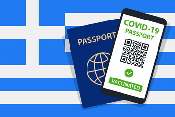 Covid-19 Passport on Greece Flag Background. Vaccinated. QR Code. Smartphone. Immune Health Cerificate. Vaccination Document. Vector