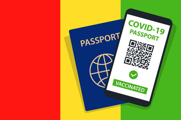 Covid-19 Passport on Guinea Flag Background. Vaccinated. QR Code. Smartphone. Immune Health Cerificate. Vaccination Document. Vector