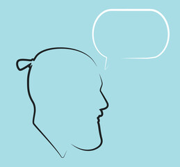 Portraits. Silhouette of bearded guy with dialogue speech bubble. Linear avatar. Conversation. Dialogue. Bearded man. Flat illustration of face. Head icon.