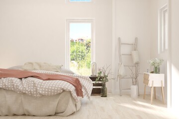 Soft color bedroom interior. Scandinavian design. 3D illustration