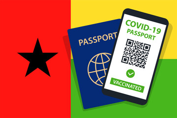 Covid-19 Passport on Guinea-Bissau Flag Background. Vaccinated. QR Code. Smartphone. Immune Health Cerificate. Vaccination Document. Vector