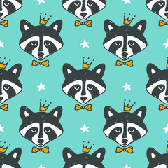 Raccoon Prince. Seamless children's pattern with raccoons and stars. Simple baby background.