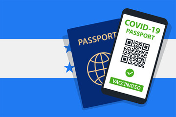 Covid-19 Passport on Honduras Flag Background. Vaccinated. QR Code. Smartphone. Immune Health Cerificate. Vaccination Document. Vector