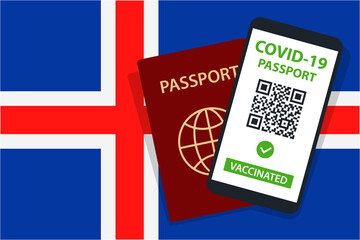 Covid-19 Passport on Iceland Flag Background. Vaccinated. QR Code. Smartphone. Immune Health Cerificate. Vaccination Document. Vector