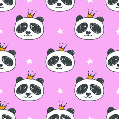 Panda Princess. Can be used for kid's clothing. Vector Pattern: Seamless panda bear pattern on light pink background.