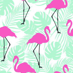 Flamingo seamless pattern on leaves background. Pink flamingo vector background design for fabric and decor.