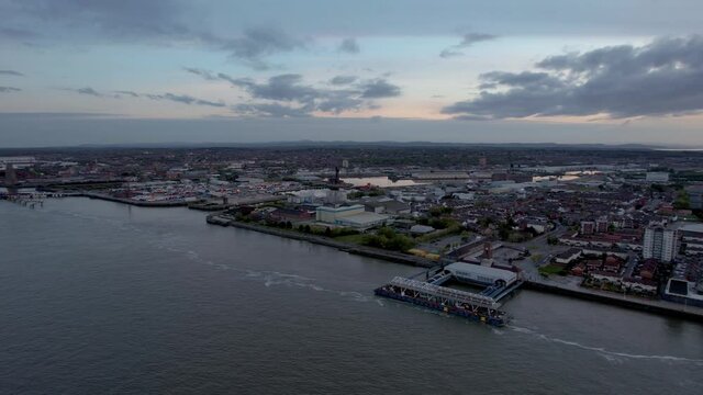 Drone footage of Birkenhead ferry terminals and The Wirral as the sun sets