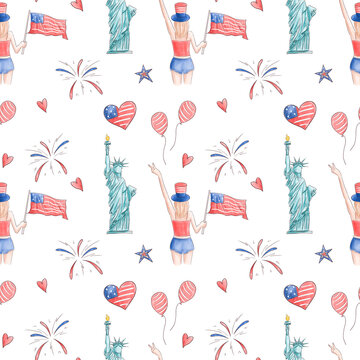 Patriotic seamless pattern with the flag of the USA on a white background. Hand drawn illustration. Happy Independence Day! 4th of July. American backgrounds. Graphic design for print fabric, textile.