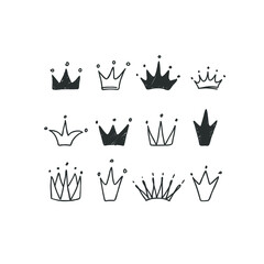 Set of cute cartoon crowns. Hand drawing vector background. Graphic black on white background. Vector illustration.