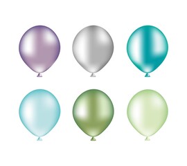 Vector illustration isolated on a white background with six mother-of-pearl balloons: purple, silver, blue, light blue, dark green, green.It can be used for holiday cards, posters, banners, magazine 