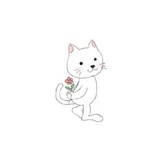 Clip art cat holding a flower in his back hand.