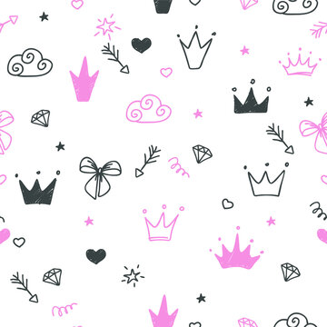 Hand-drawn seamless pattern with clouds, hearts, bow, diamond, crowns. Cute baby and little princess design. Children's room wallpaper and clothes texture.