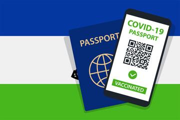 Covid-19 Passport on Lesotho Flag Background. Vaccinated. QR Code. Smartphone. Immune Health Cerificate. Vaccination Document. Vector