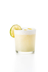 Pisco sour cocktail isolated on white background. Traditional peruvian cocktail	