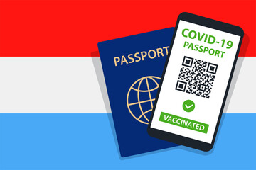 Covid-19 Passport on Luxembourg Flag Background. Vaccinated. QR Code. Smartphone. Immune Health Cerificate. Vaccination Document. Vector